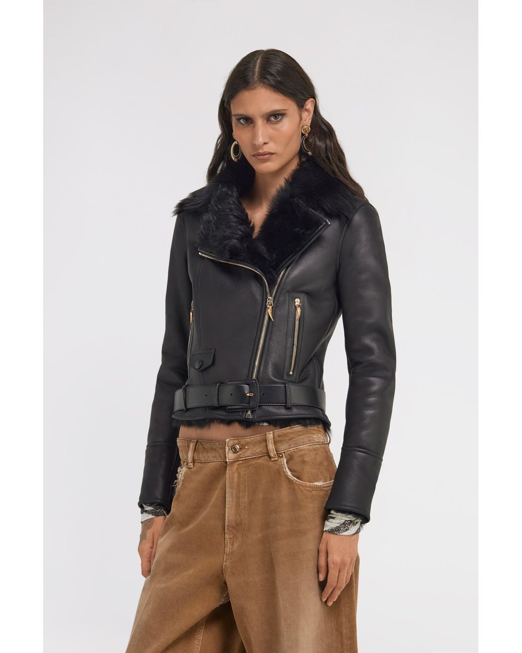 Roberto Cavalli Black Shearling Biker Jacket
