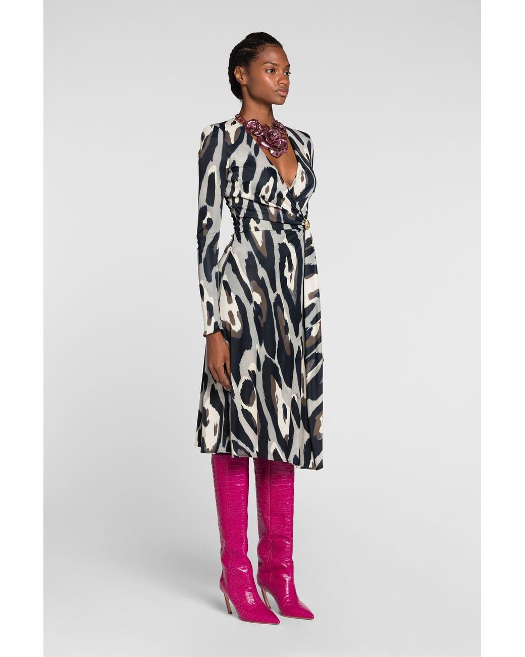 Roberto Cavalli White Animal-Print Wrap Midi Dress