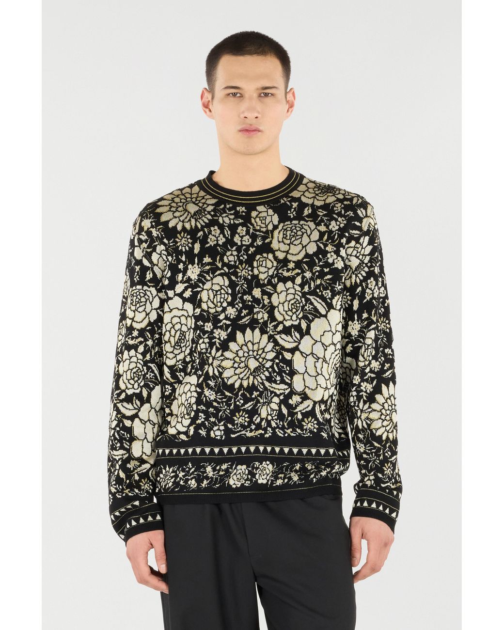 Roberto Cavalli Black Floral Wool-Blend Sweater for men