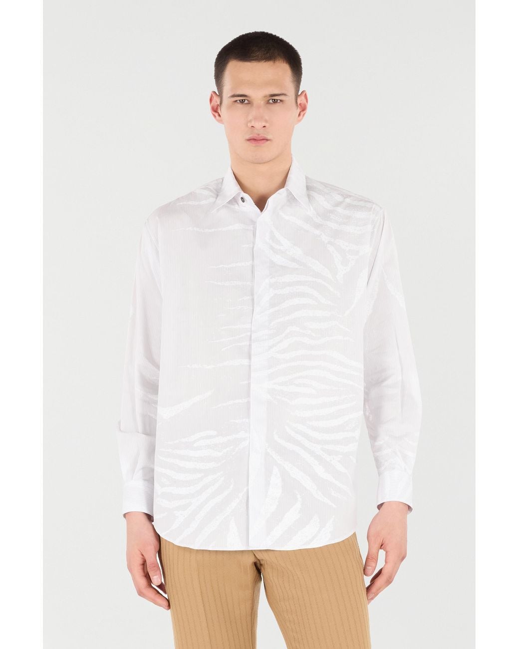 Roberto Cavalli White Silk Shirt With Tiger Skin Print for men