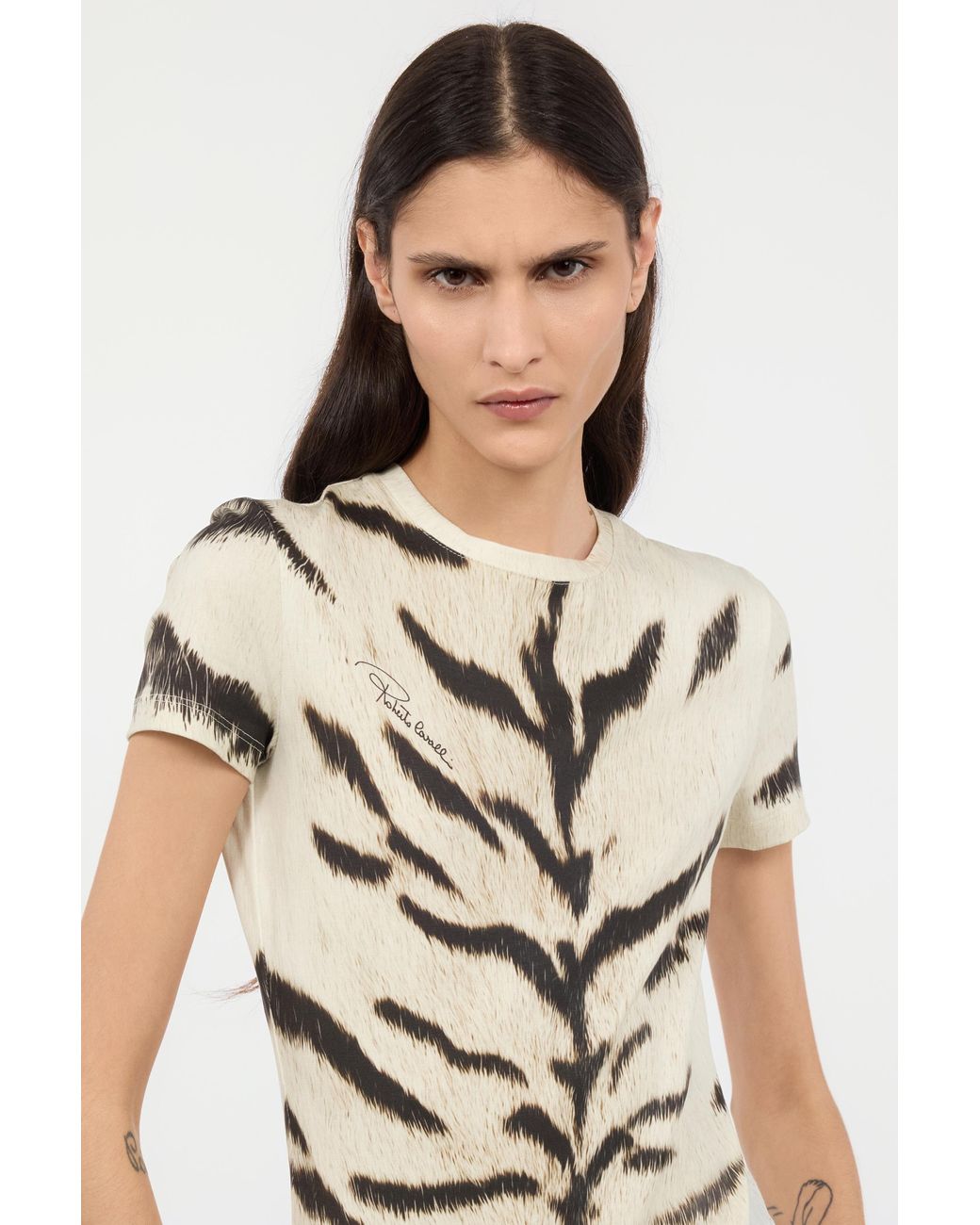 Roberto Cavalli White T-Shirt With Tigresse Ogat X Print