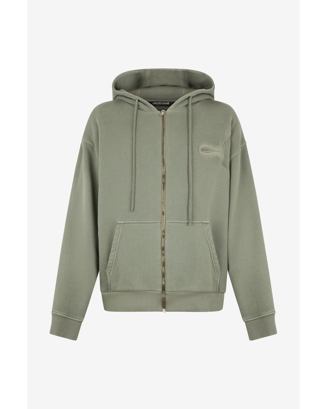 Roberto Cavalli Green Sage Hoodie With Embroidered Snake for men