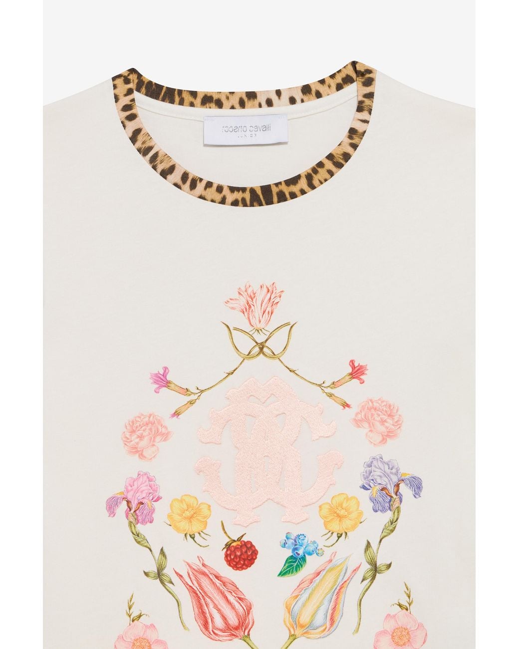Roberto Cavalli White T-Shirt With Floral Print And Monogram Rc