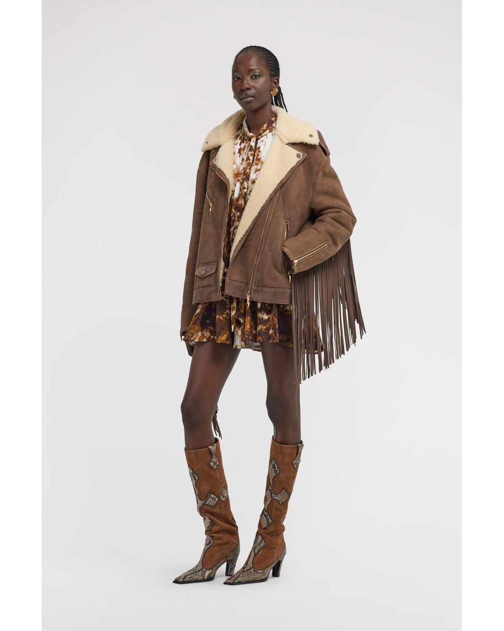 Roberto Cavalli Brown Fringe Biker Jacket