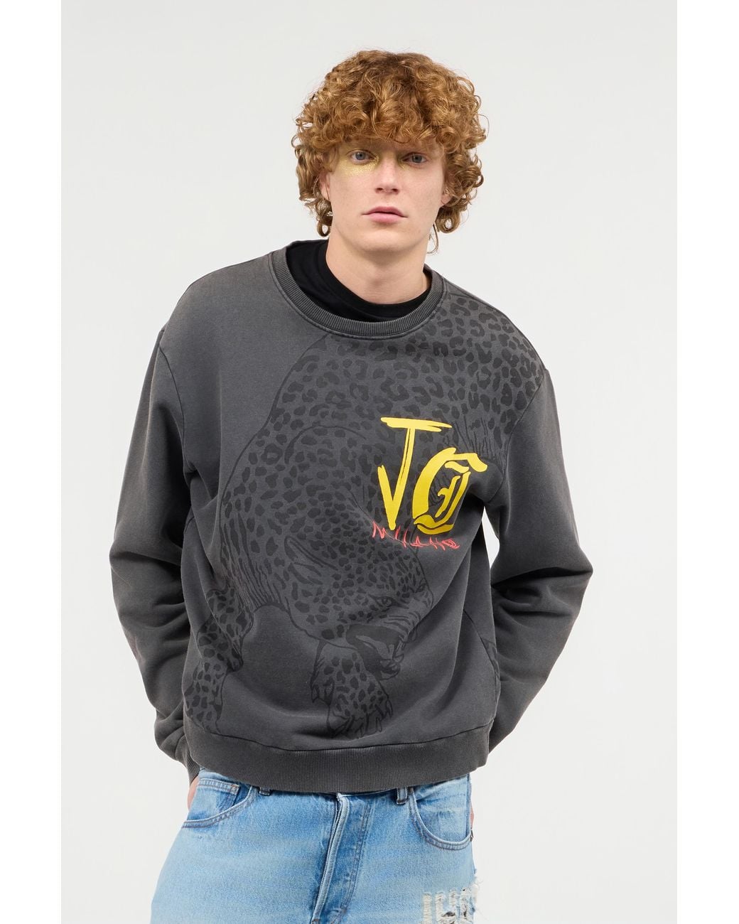 Roberto Cavalli Gray Sweatshirt With Jaguar And Lettering for men