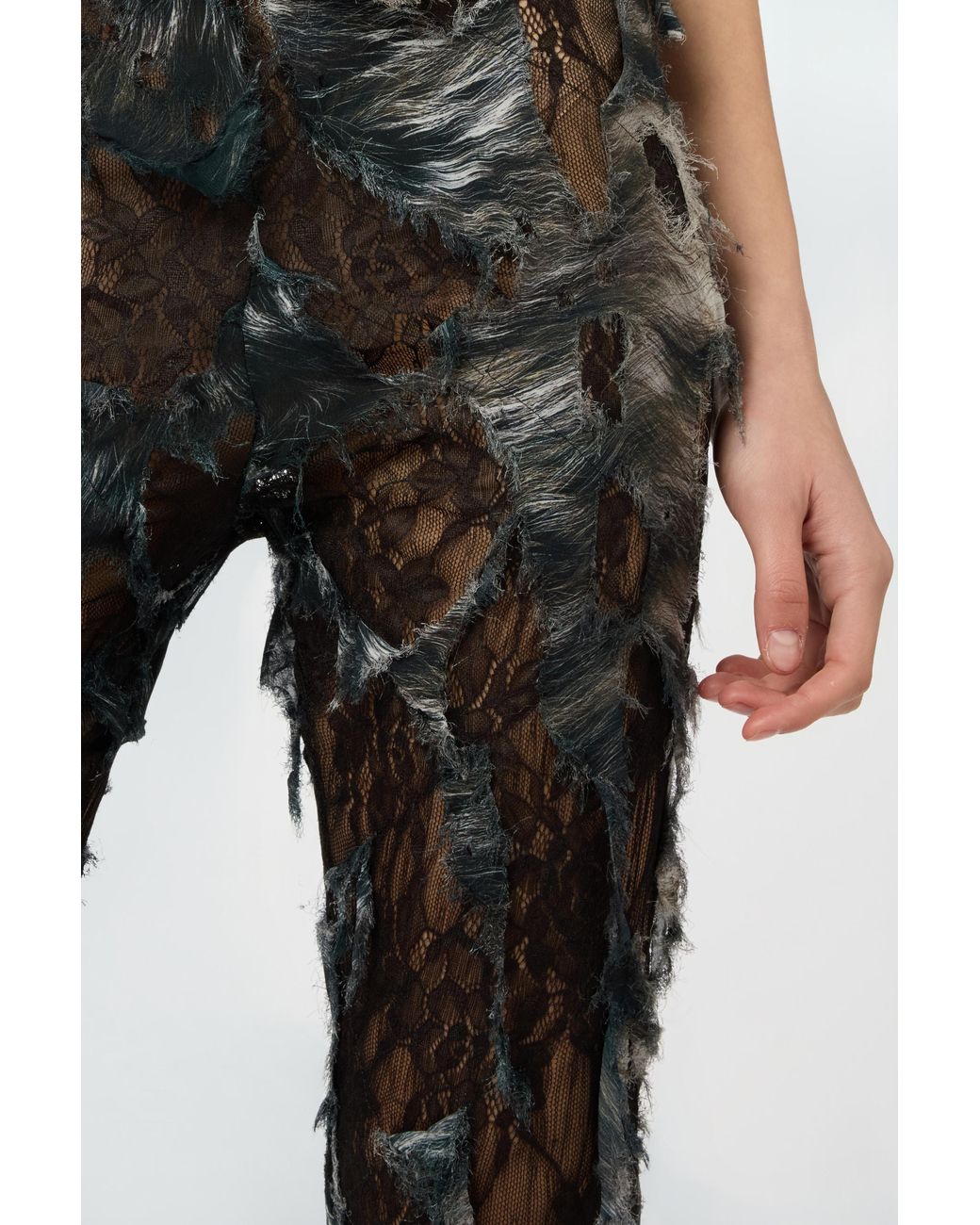 Roberto Cavalli Black Pants With Fur Print On Destroyed-Effect Lace