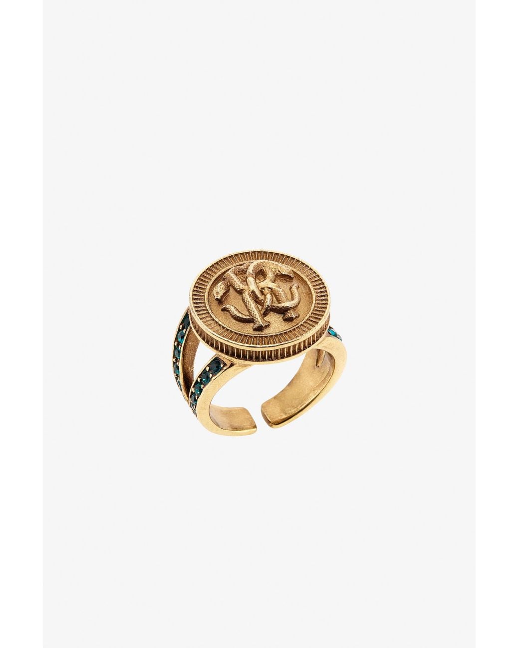 Roberto Cavalli White Ring With Monogram Mirror Snake And Crystals