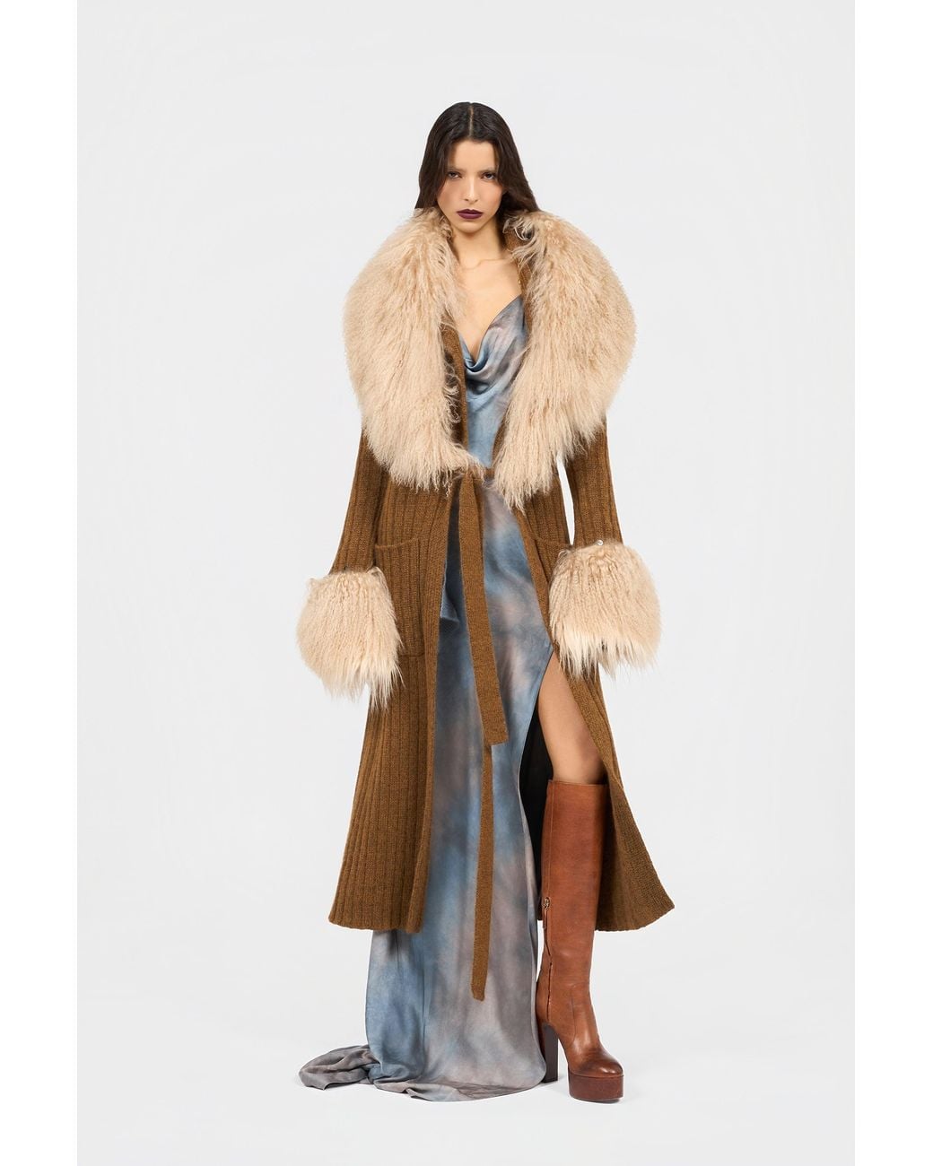 Roberto Cavalli Natural Ribbed Knit Coat With Faux Fur