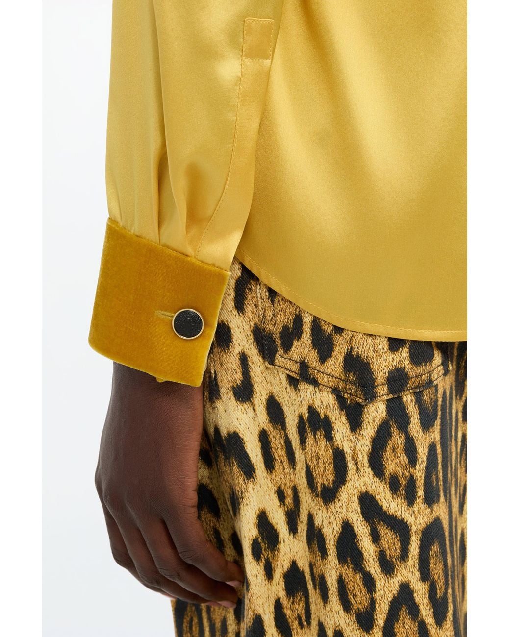 Roberto Cavalli Yellow Ochre Silk Shirt With Velvet Inserts