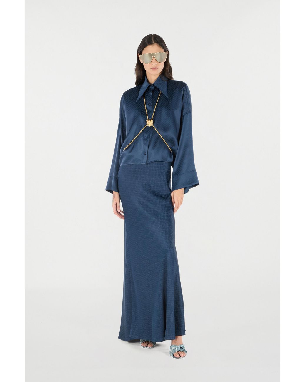Roberto Cavalli Blue Silk Shirt With Snake-Effect Pattern