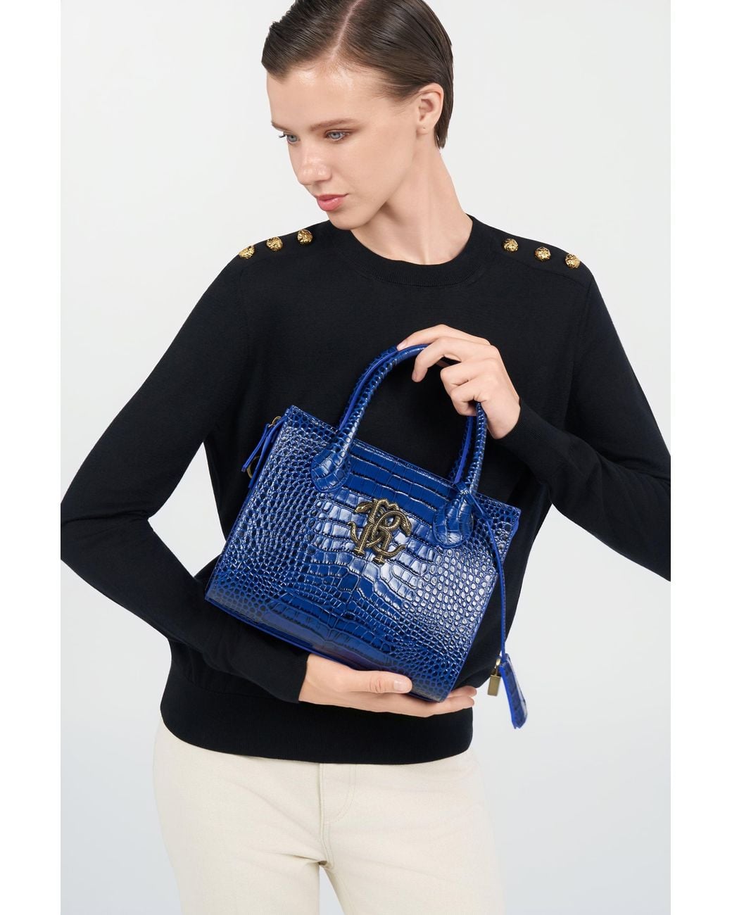 Roberto Cavalli Blue Croc-Effect Top Handle Bag