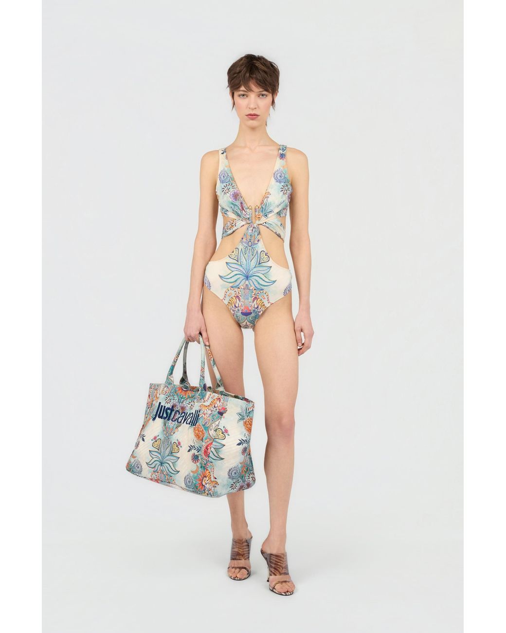 Roberto Cavalli White Tropical Garden Print One-Piece Swimsuit