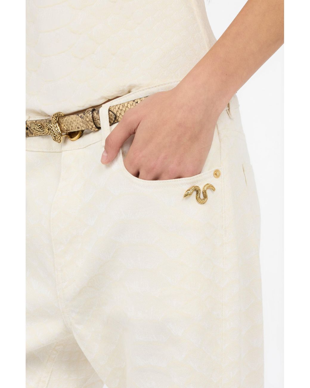 Roberto Cavalli White Straight-Leg Jeans With Scale Print