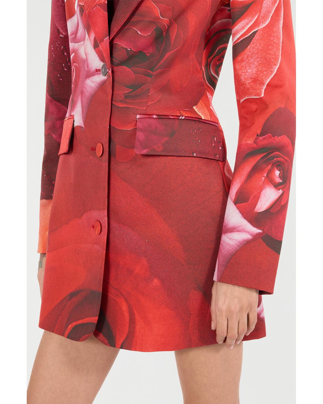 Roberto Cavalli Red Long Blazer With Rose Print