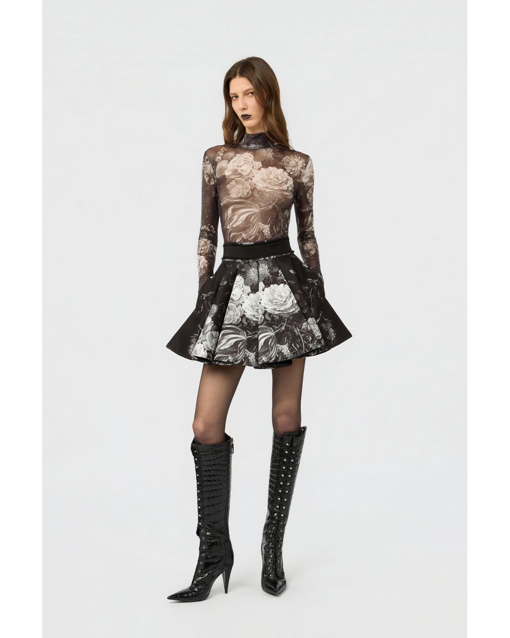 Roberto Cavalli Black Scuba Jersey Skirt With Fiammingo Flowers Print