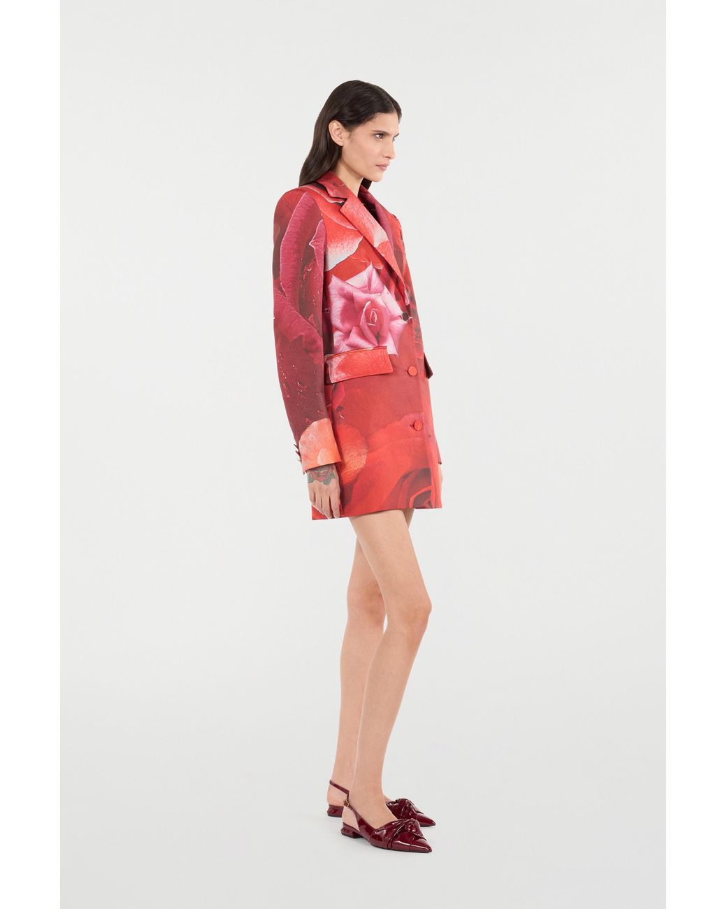 Roberto Cavalli Red Long Blazer With Rose Print