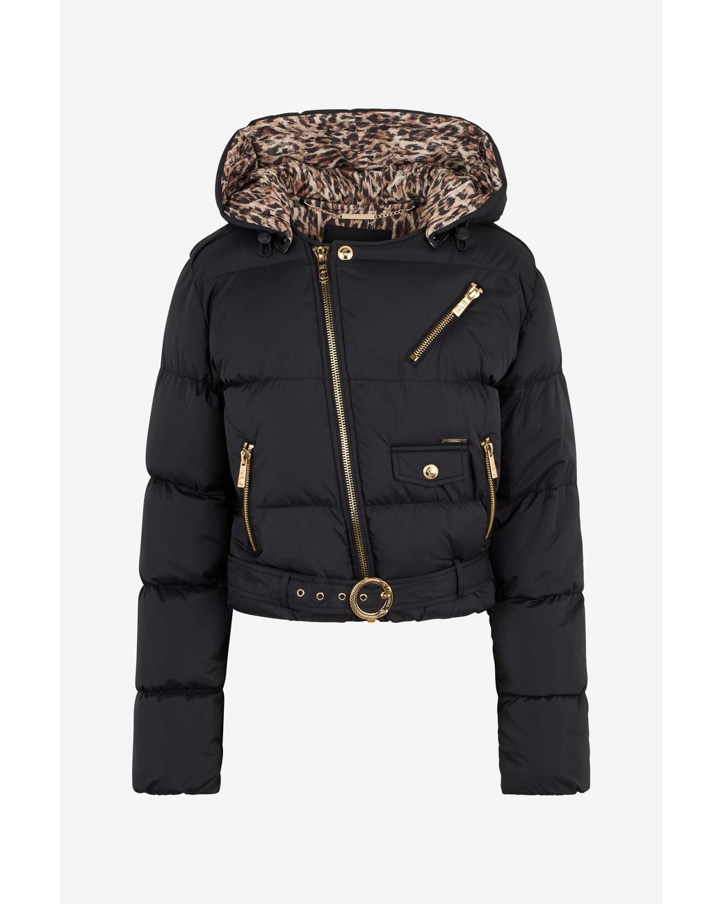 Roberto Cavalli Black Puffer Jacket With Belt