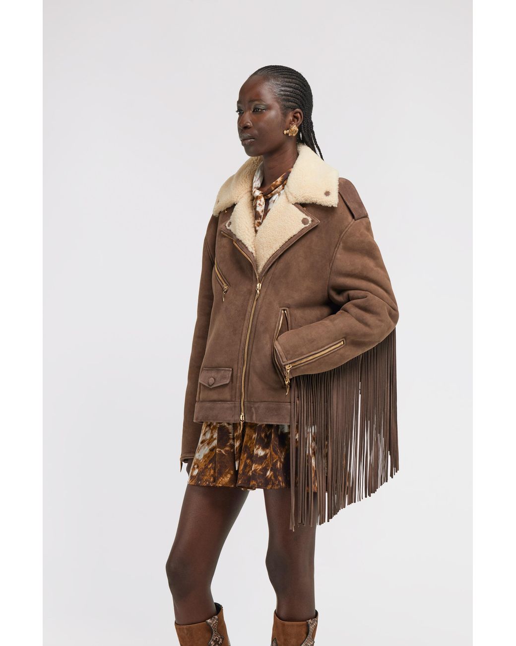 Roberto Cavalli Brown Fringe Biker Jacket
