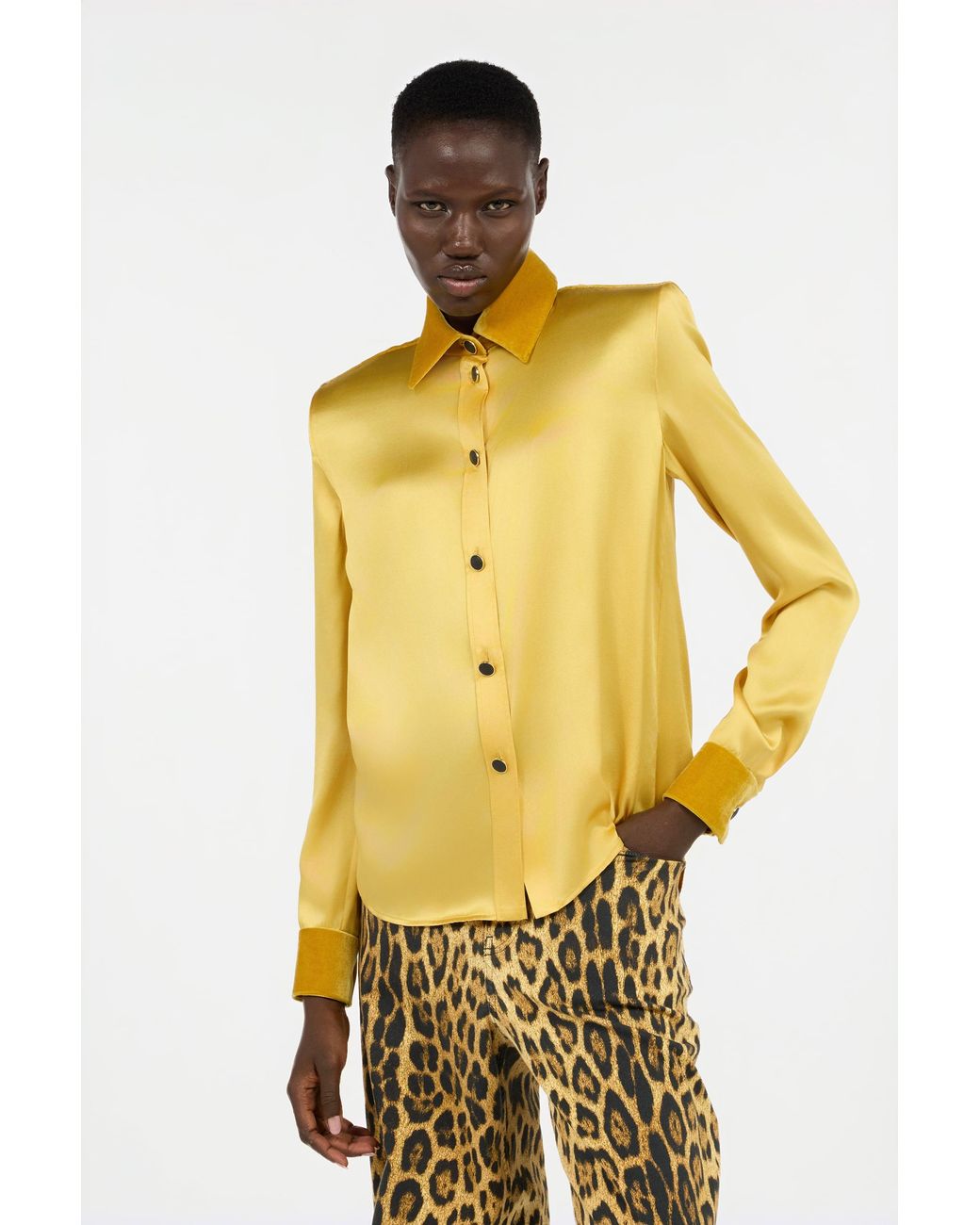Roberto Cavalli Yellow Ochre Silk Shirt With Velvet Inserts