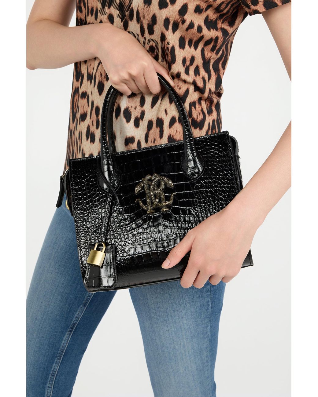 Roberto Cavalli Black Top Handle Bag With Monogram Rc