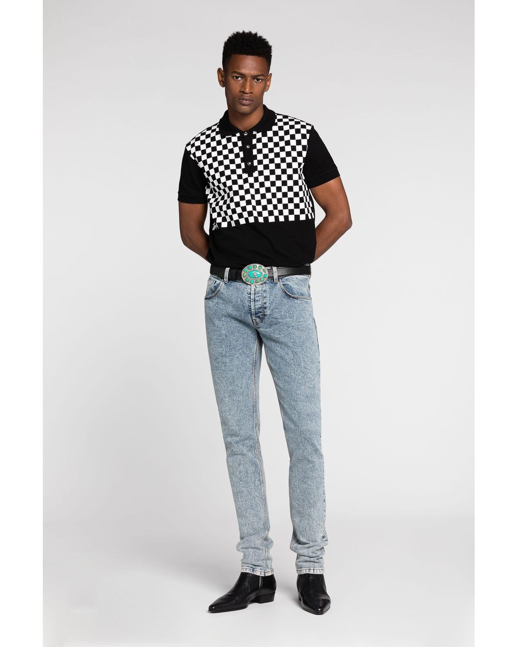 Roberto Cavalli Blue Mirror Snake-Embroidered Slim-Fit Jeans for men