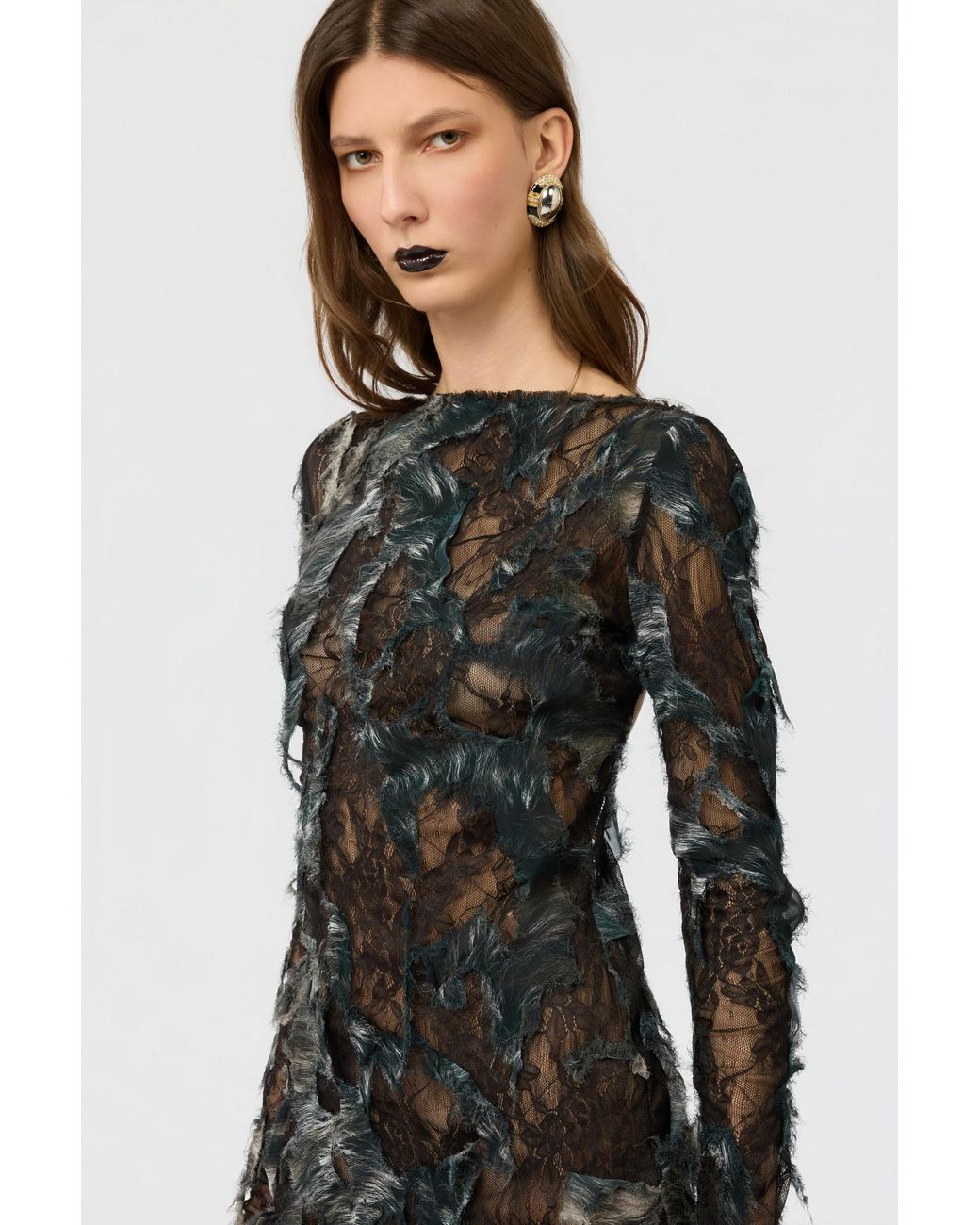 Roberto Cavalli Black Mini Dress With Fur Print On Destroyed-Effect Lace