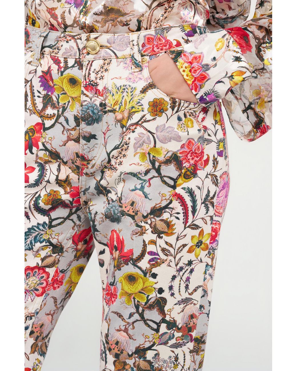 Roberto Cavalli White Flared Pants With Florentine Flowers Print