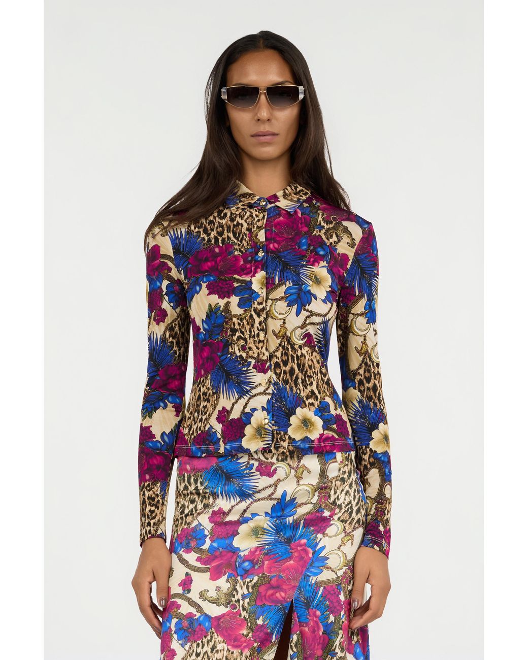 Roberto Cavalli Blue Flower Leopard Print Shirt