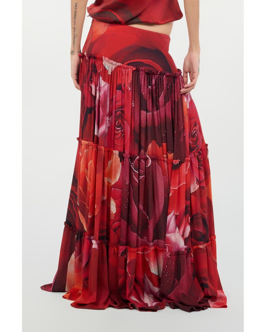 Roberto Cavalli Red Extra-Long Skirt With Garden Rose Print