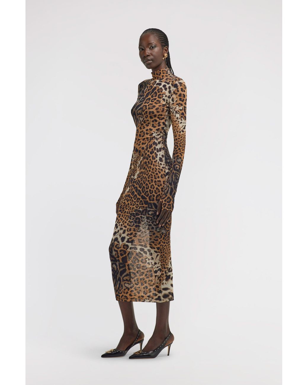 Roberto Cavalli White Long Tulle Dress With Jaguar Print