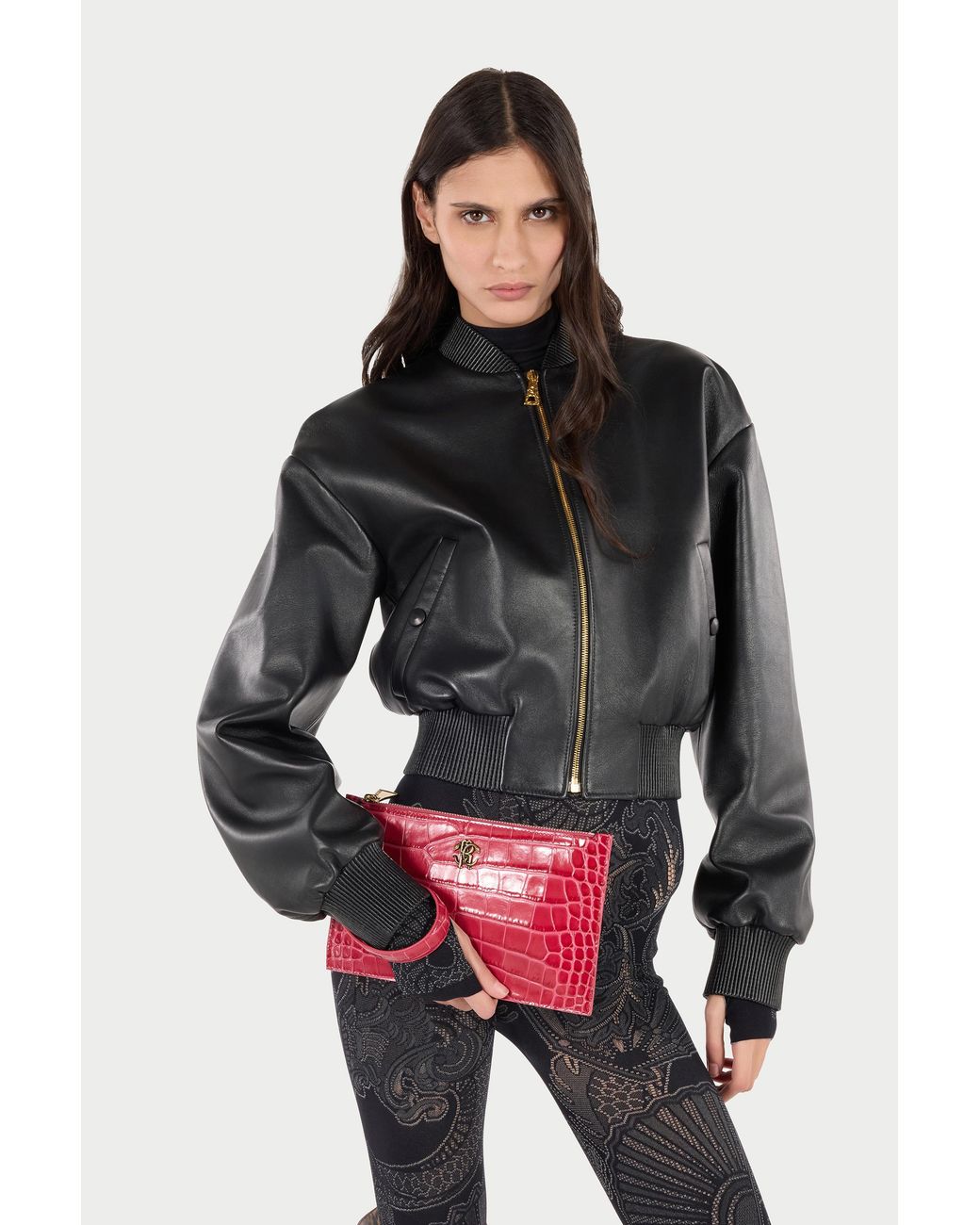Roberto Cavalli Red Crocodile-Effect Flat Clutch