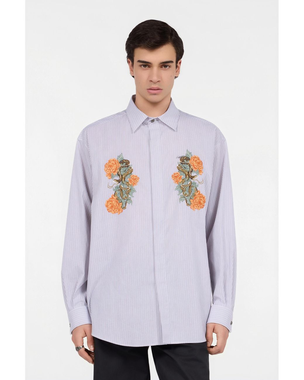 Roberto Cavalli White Shirt With Embroidered Snakes And Flowers for men