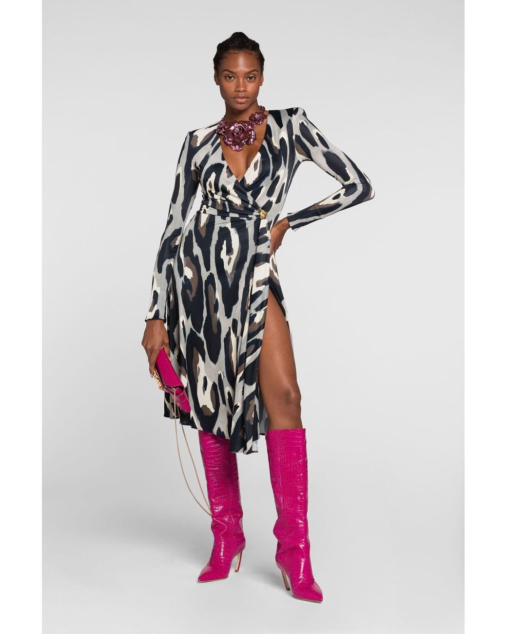 Roberto Cavalli White Animal-Print Wrap Midi Dress