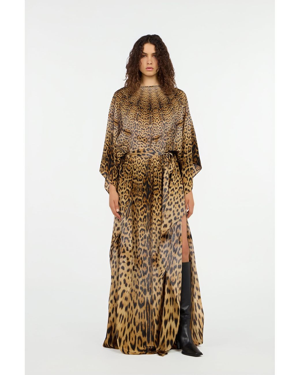 Roberto Cavalli Natural Long Silk Dress With Jaguar Skin Print