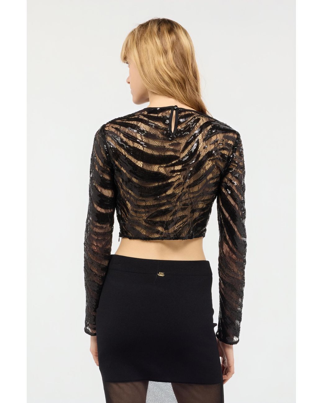 Roberto Cavalli Black Crop Top With Rhinestone-Detailed Zebra Design
