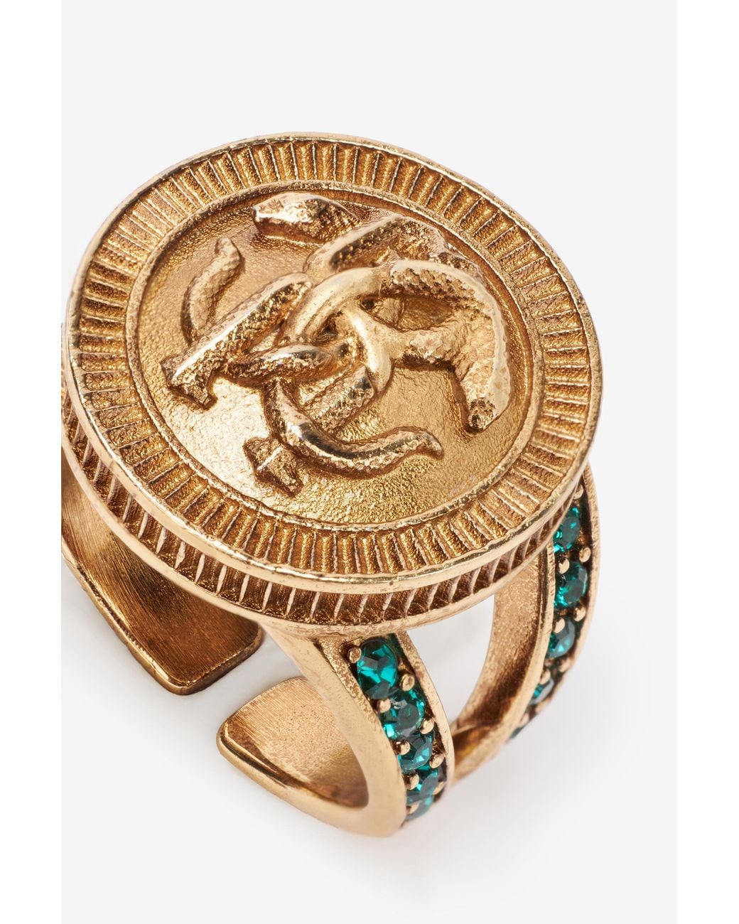 Roberto Cavalli White Ring With Monogram Mirror Snake And Crystals