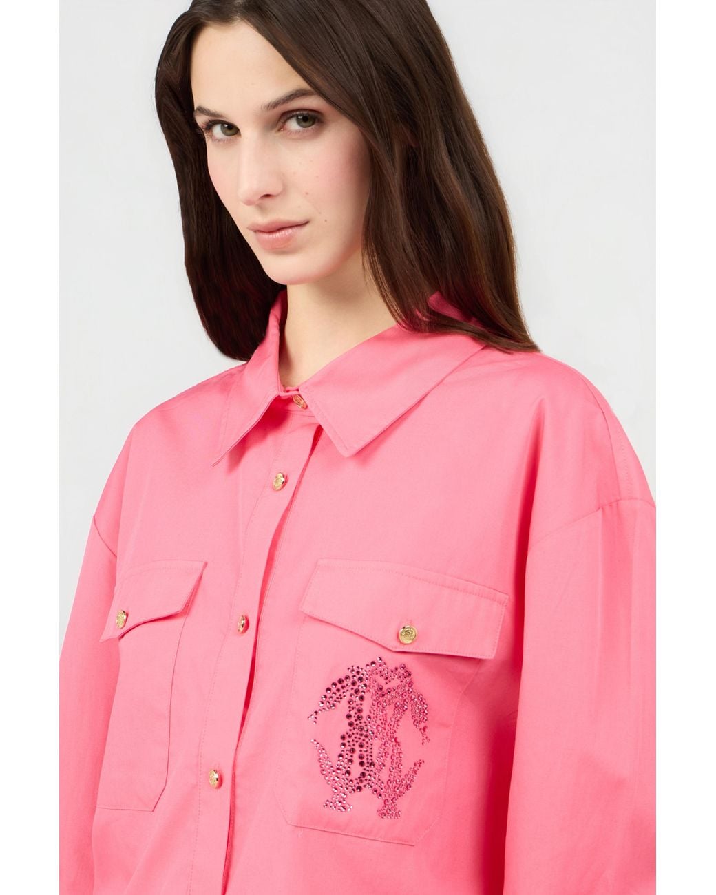 Roberto Cavalli Pink Shirt With Rhinestone Jewel Logo for men