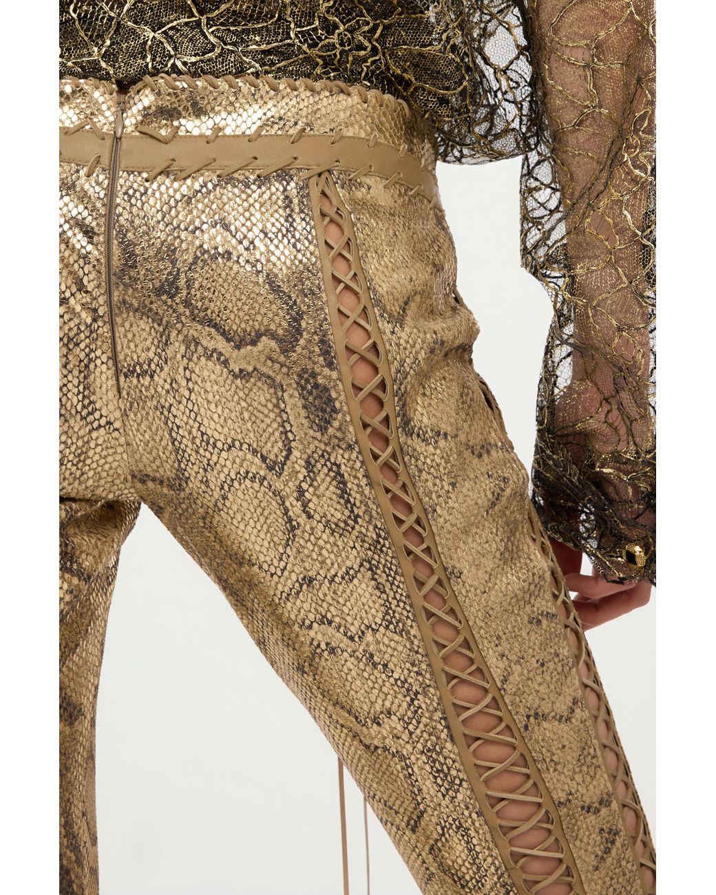 Roberto Cavalli Natural Leather Pants With Python Print And Cut-Out Details