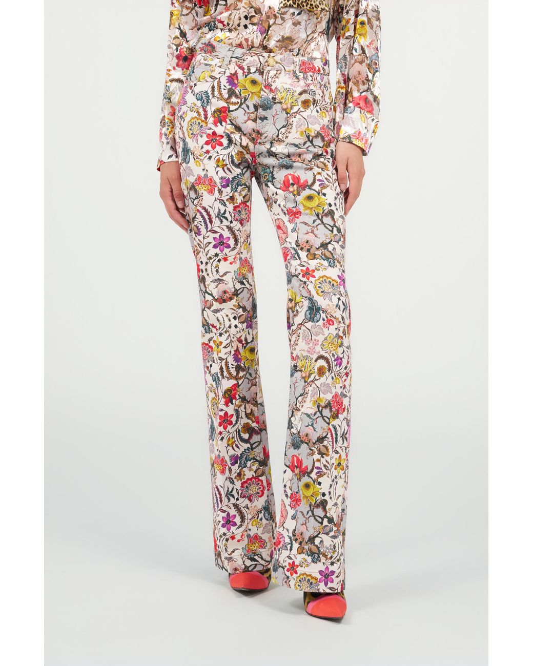 Roberto Cavalli White Flared Pants With Florentine Flowers Print
