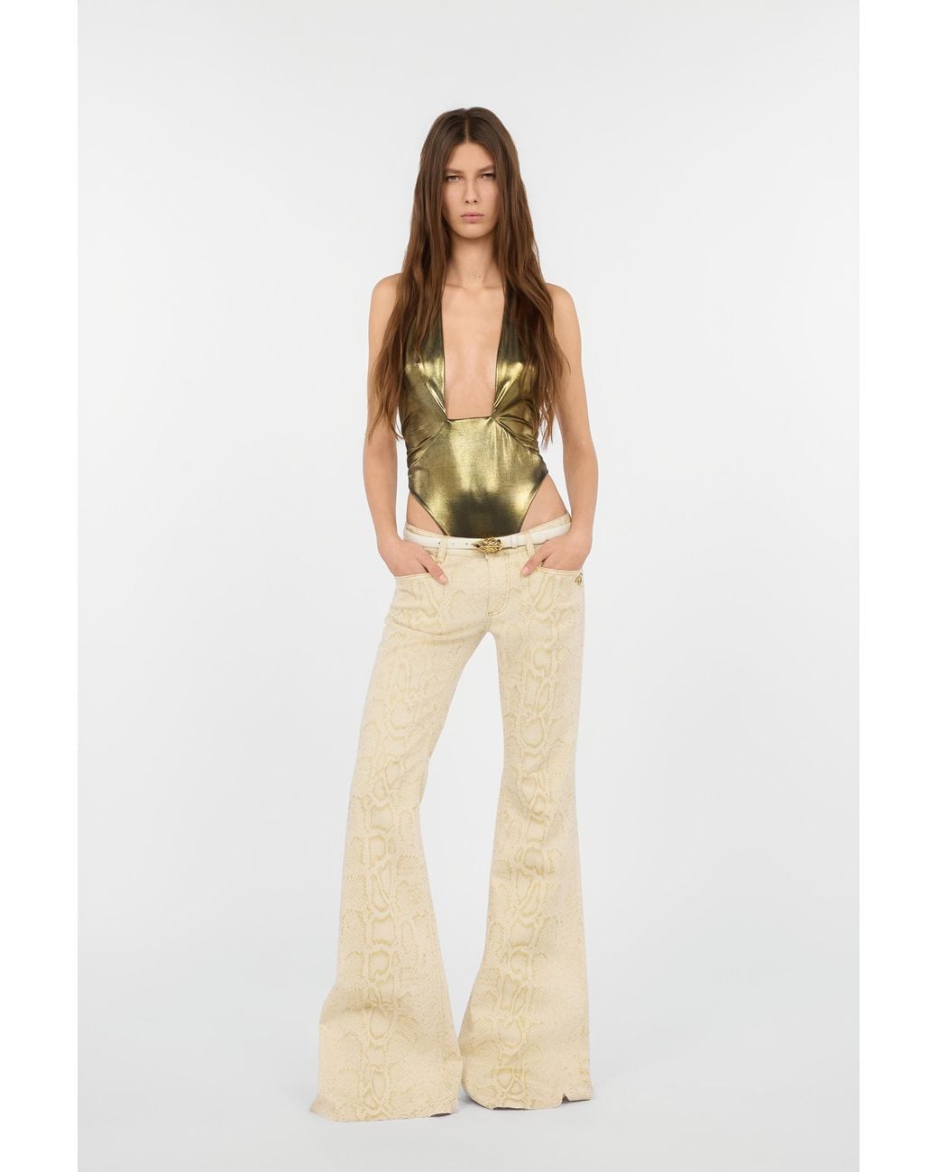 Roberto Cavalli Metallic One-Piece Swimsuit With Geometric Neckline