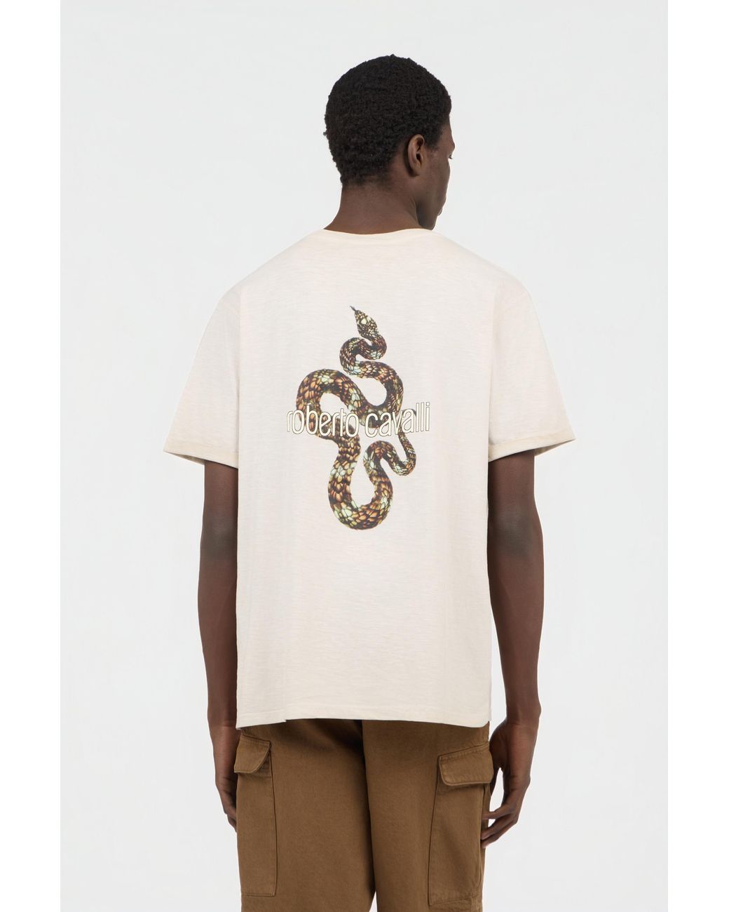 Roberto Cavalli White T-Shirt With Back Snake Print for men