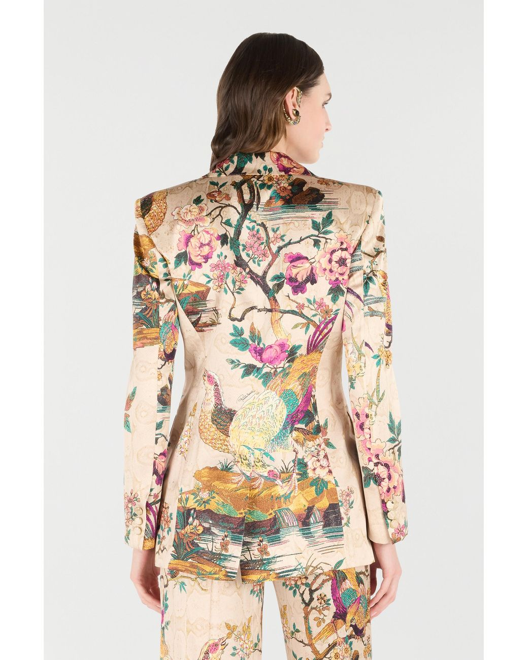 Roberto Cavalli White Silk Blazer With Oriental Bird Print