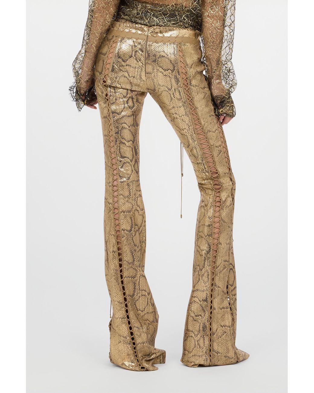 Roberto Cavalli Natural Leather Pants With Python Print And Cut-Out Details