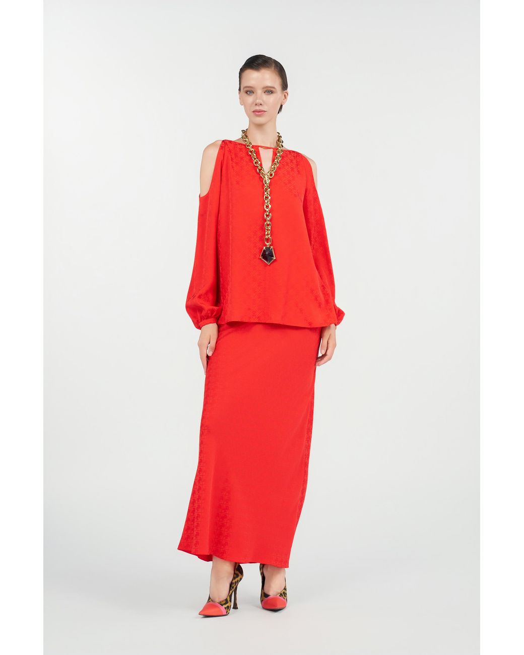 Roberto Cavalli Red Long Skirt With Jacquard Monogram Print