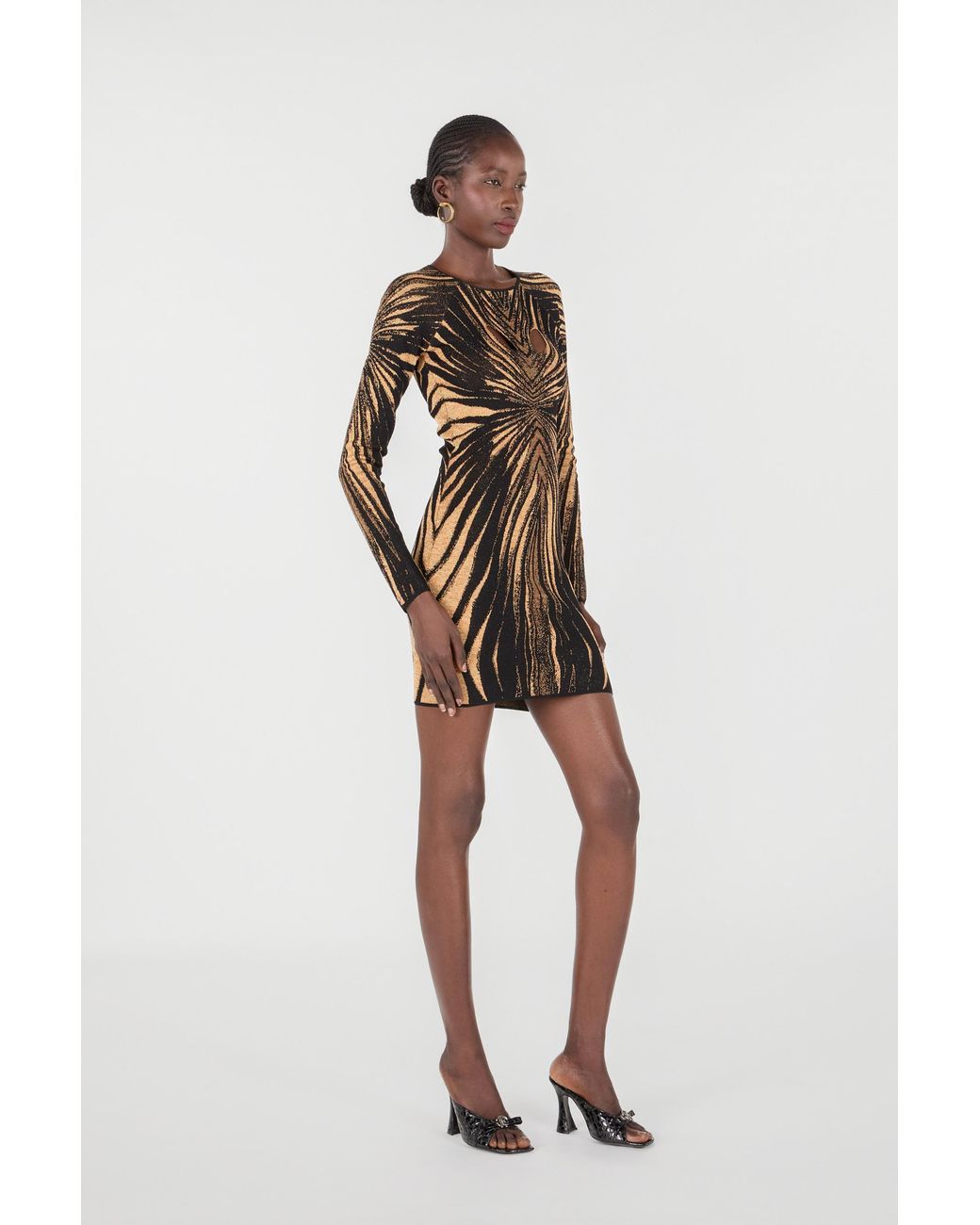 Roberto Cavalli Black Short Knit Dress With Ray Of Print