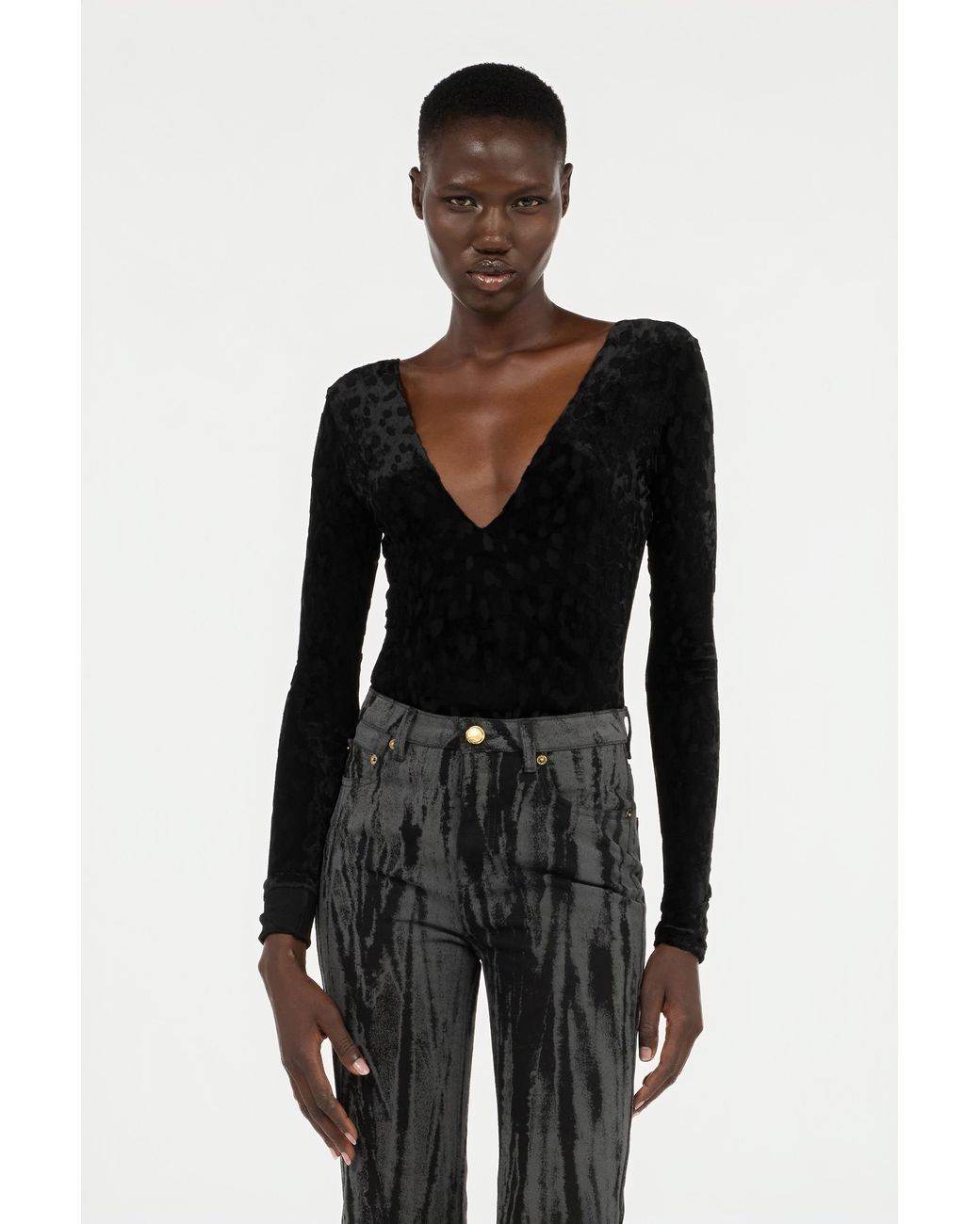 Roberto Cavalli Black Bodysuit With Jaguar Skin Pattern