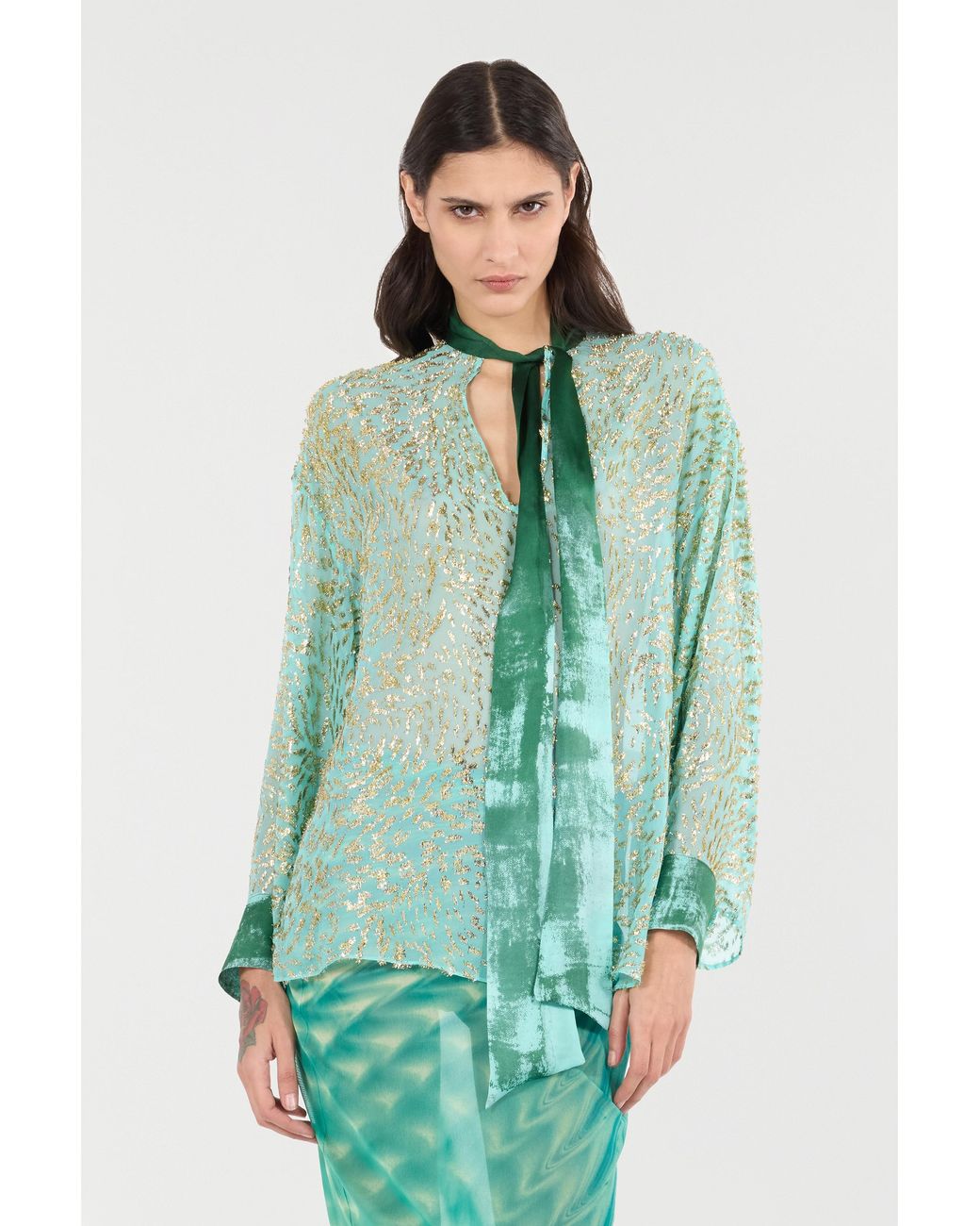 Roberto Cavalli Green Silk-Blend Blouse With Radiant Pattern