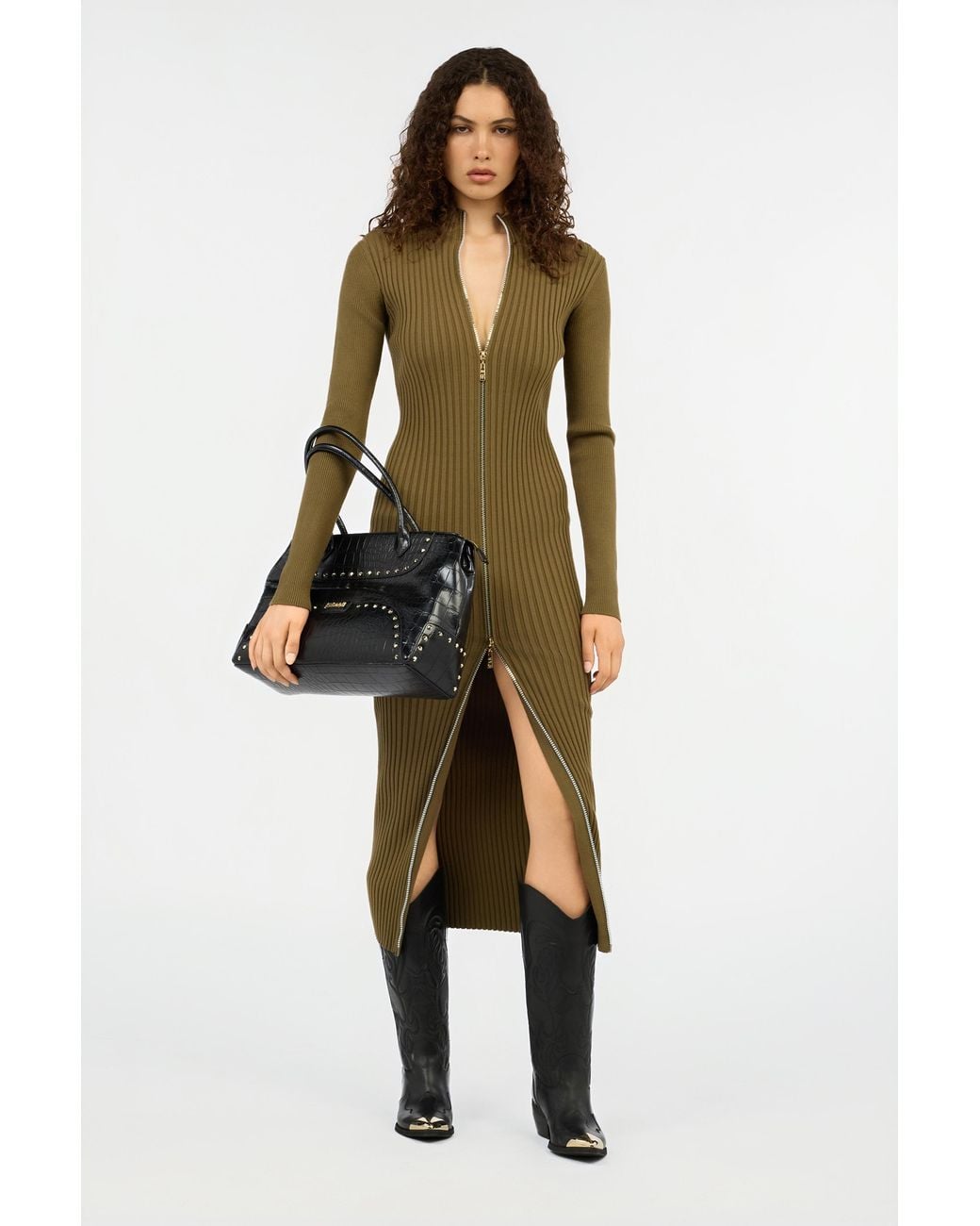 Roberto Cavalli Green Ribbed-Knit Zip-Front Midi Dress