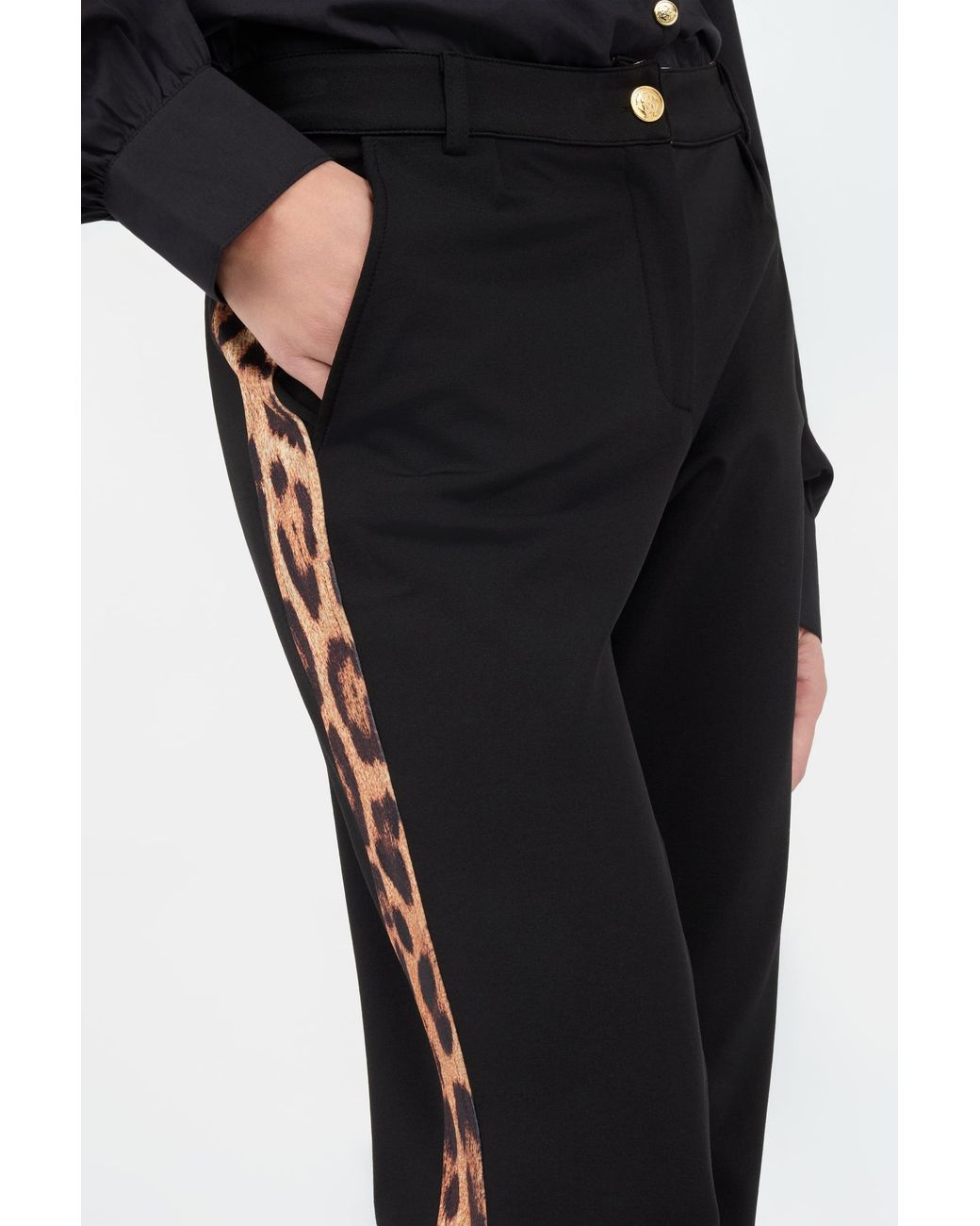 Roberto Cavalli Black Flare Trousers Leopard Side Panels