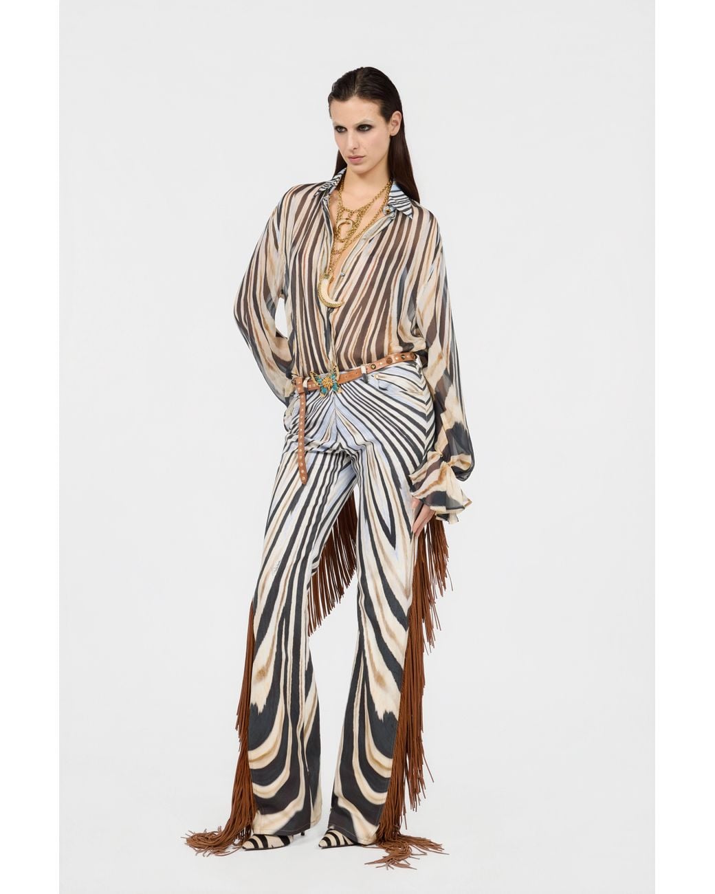 Roberto Cavalli White Zebra Print Flared Jeans